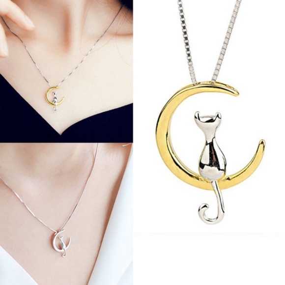 Crescent Moon Gold & Silver Cat Pendant Necklace - Picture 3 of 6